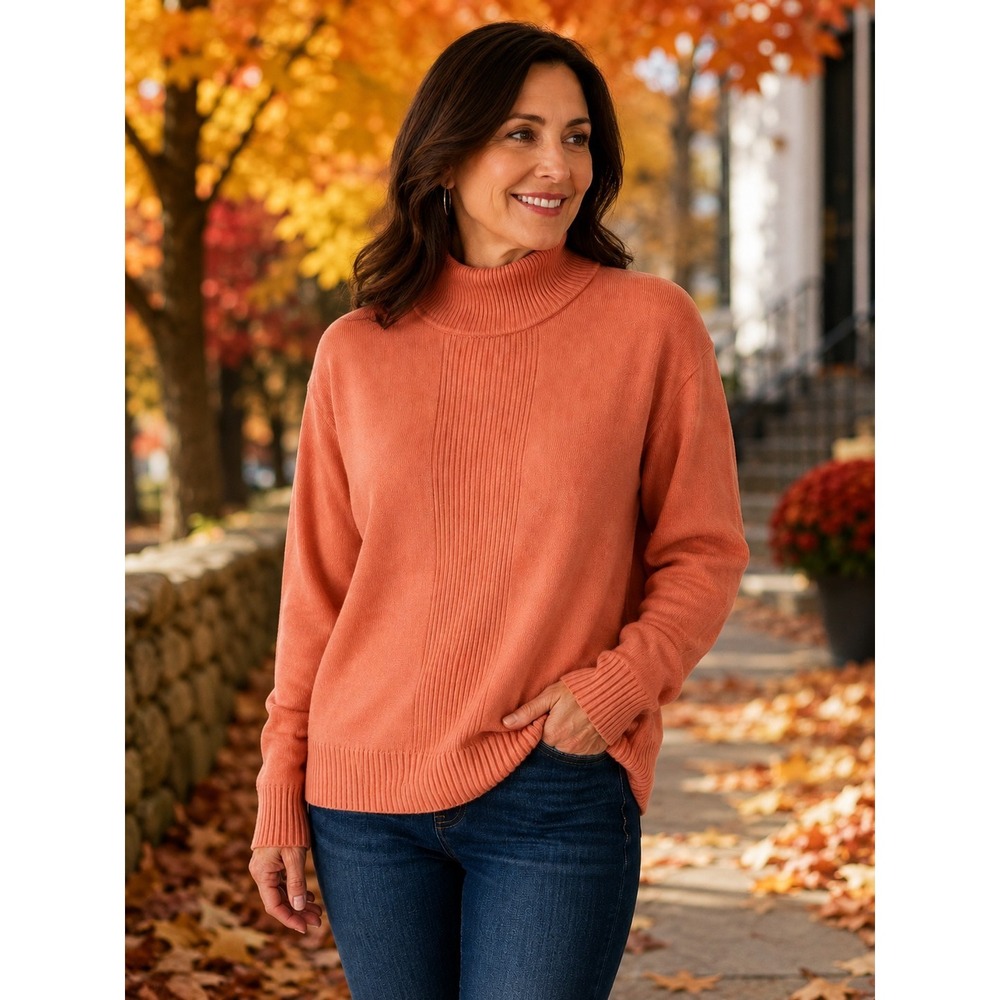 Dressbarn Women XL Pumpkin Orange Turtleneck Sweater Rib Knit Light Fall Layer